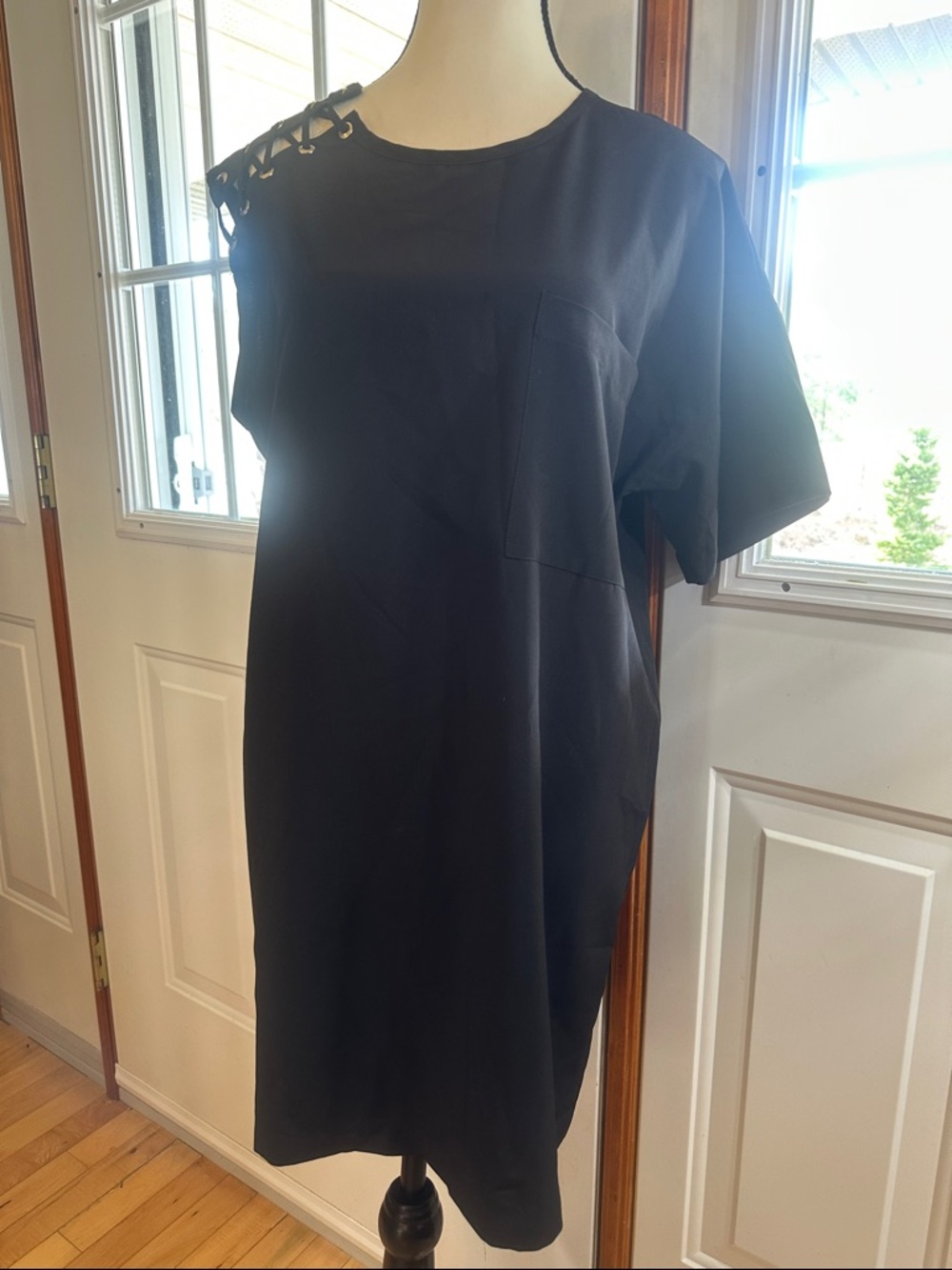 Molly Bracken Black One-Shoulder Shift Dress with Lace Up Shoulder